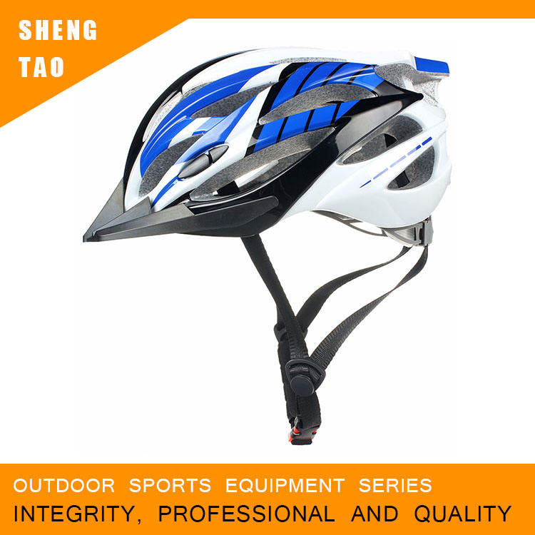 蓝白色经典自行车头盔，轻型骑行头盔